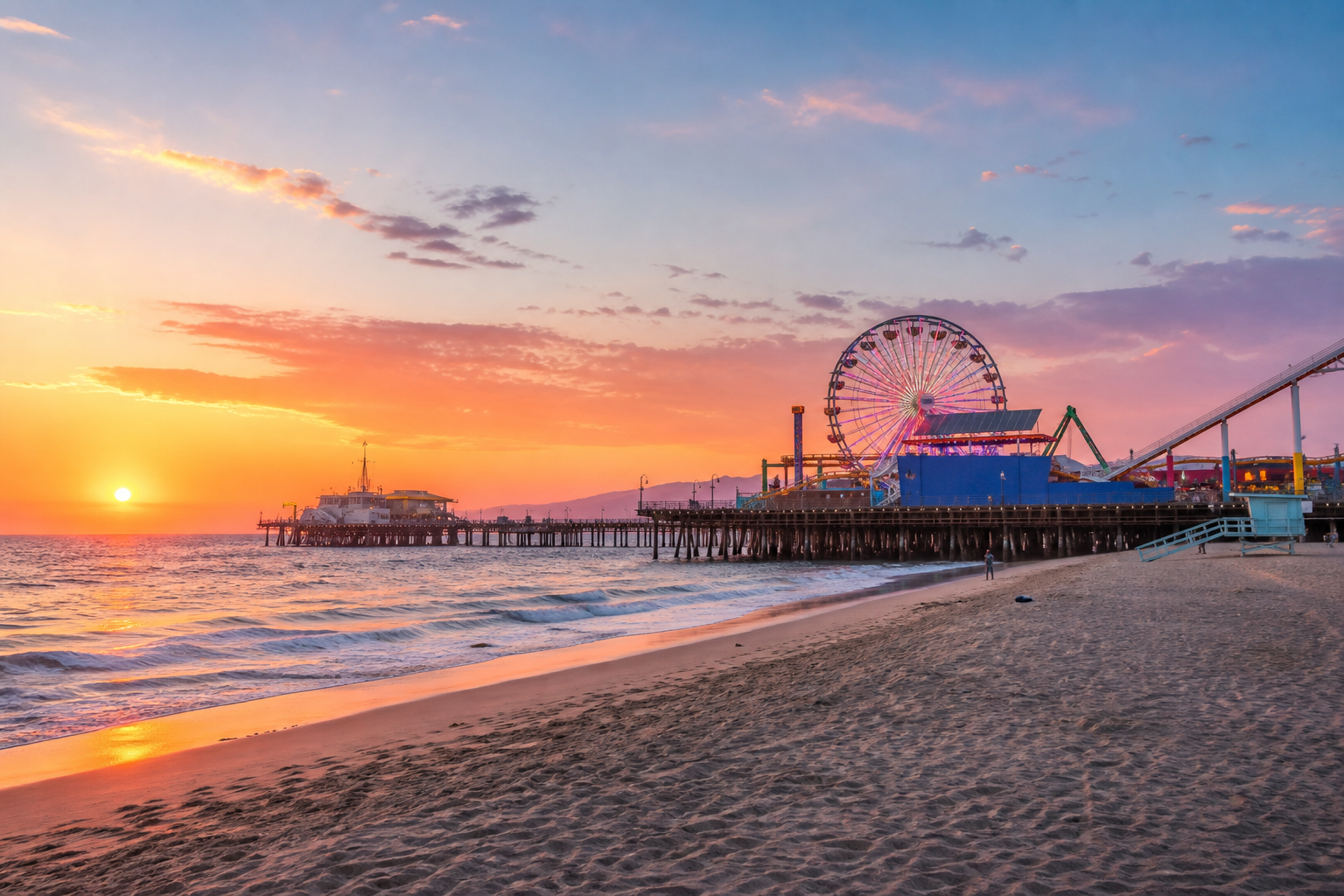 Santa Monica Pier圣莫尼卡码头和海滩日落
